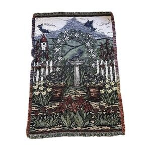 VTG Woven Bluebird Blue Jay Garden Tapestry‎ Throw Blanket Floral Nature 69x47